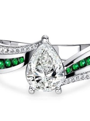 Bypass Pear Shaped Emerald and Sapphire Engagement Ring in Sterling Silver