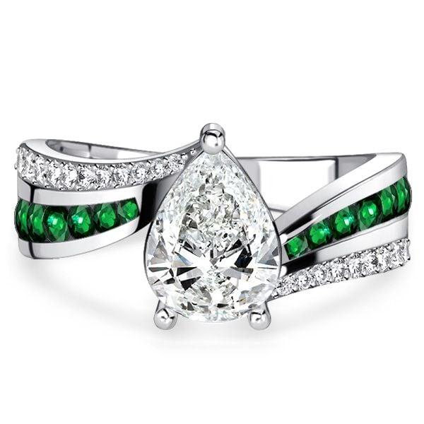Bypass Pear Shaped Emerald and Sapphire Engagement Ring in Sterling Silver