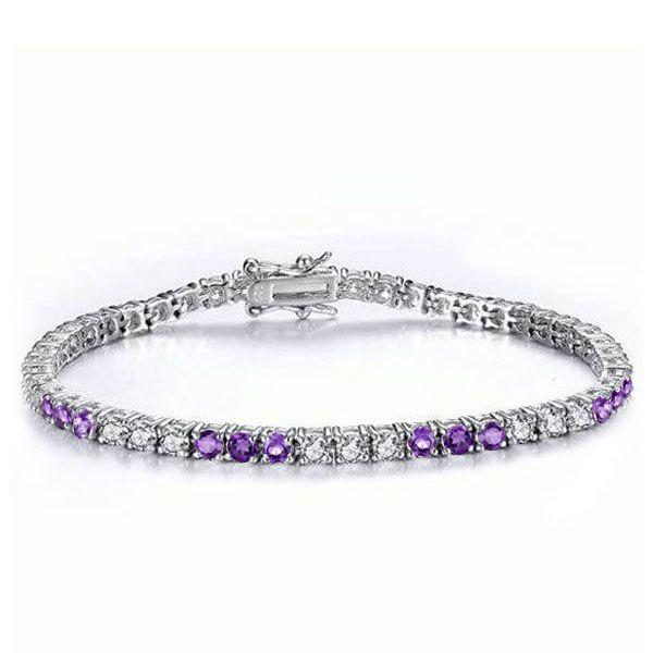 Amethyst & White Topaz Tennis Bracelet in Sterling Silver - Round Cut