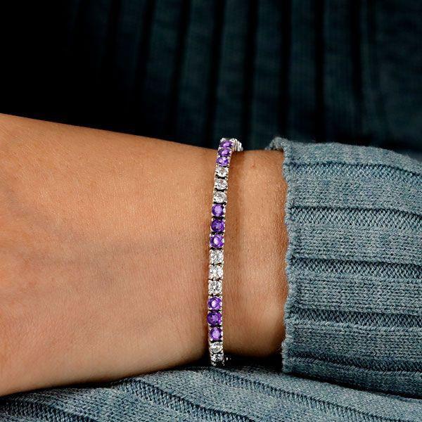 Amethyst & White Topaz Tennis Bracelet in Sterling Silver - Round Cut