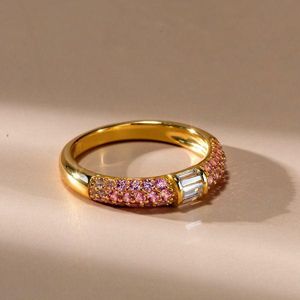 Pink Sapphire Stacked Baguette Half Eternity Wedding Band - Sterling Silver