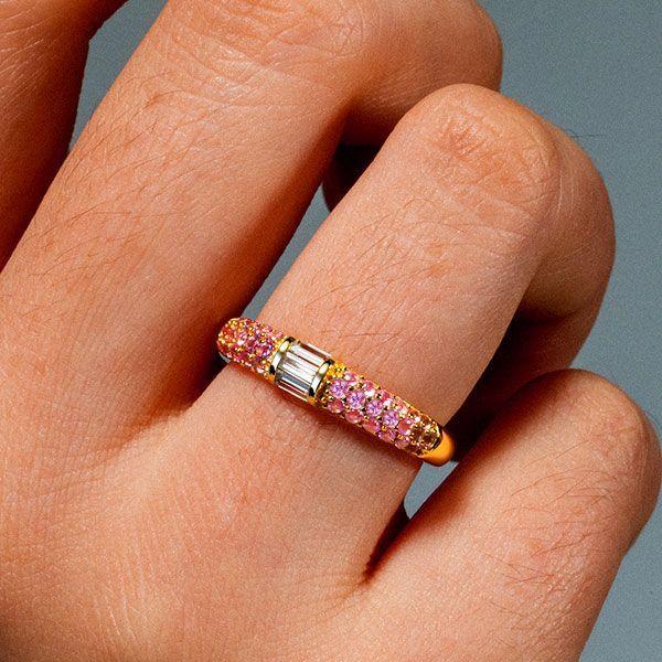Pink Sapphire Stacked Baguette Half Eternity Wedding Band - Sterling Silver