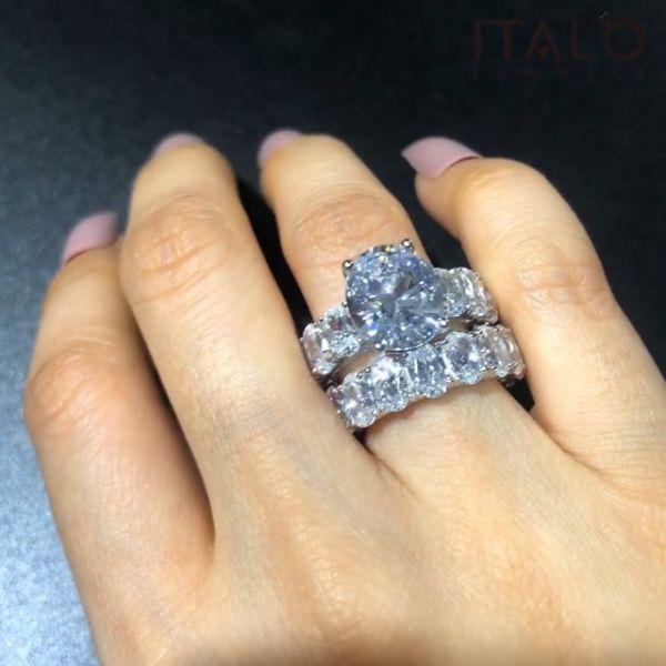 Oval White Sapphire Sterling Silver Bridal Ring Set - 16 CTW