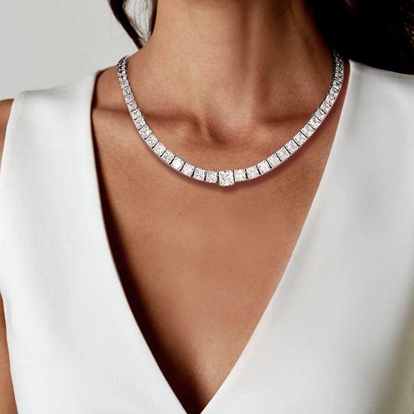 Princess Cut Tennis Necklace - 925 Sterling Silver, Rhodium Plated
