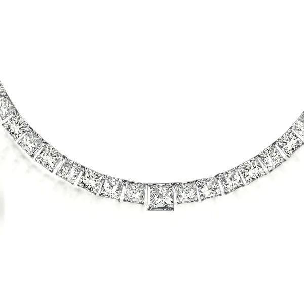 Princess Cut Tennis Necklace - 925 Sterling Silver, Rhodium Plated
