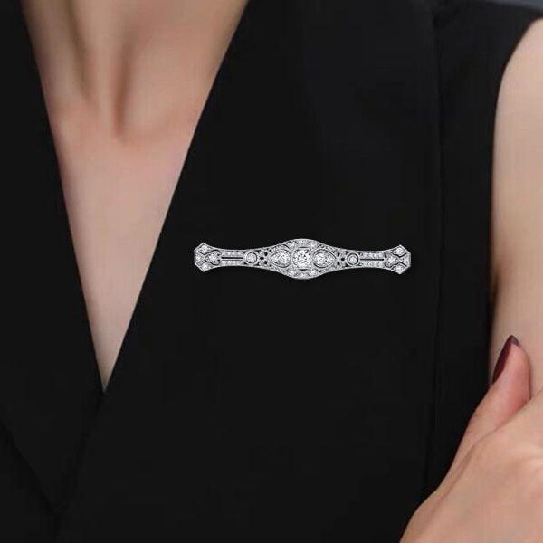 Antique Art Deco White Sapphire Bar Brooch in Rhodium Plated 925 Sterling Silver