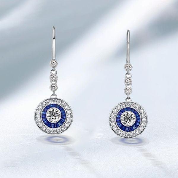 Vintage Blue Sapphire Drop Earrings | Halo Design in Sterling Silver (2.99 CT. TW.)
