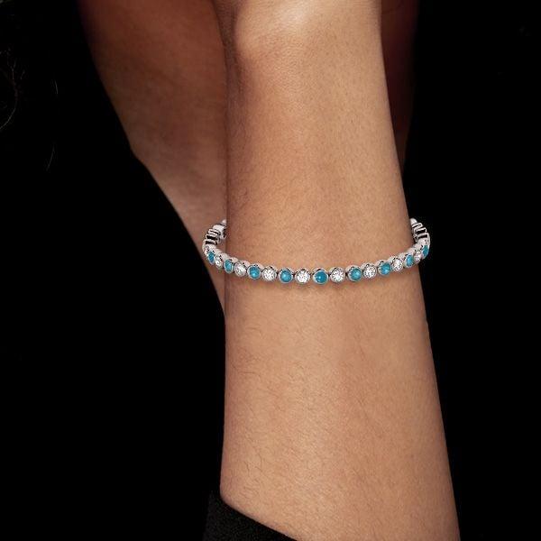 Bezel Set Turquoise and White Sapphire Tennis Bracelet in Sterling Silver