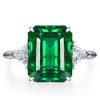 Three Stone Emerald Cut Green Emerald Ring in Rhodium Plated 925 Sterling Silver
