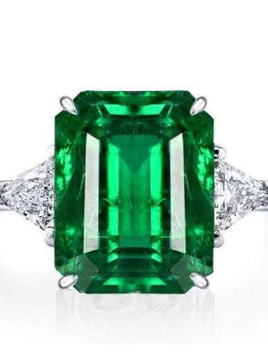 Three Stone Emerald Cut Green Emerald Ring in Rhodium Plated 925 Sterling Silver