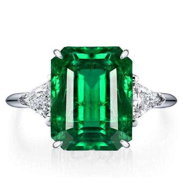 Three Stone Emerald Cut Green Emerald Ring in Rhodium Plated 925 Sterling Silver