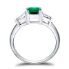 Three Stone Emerald Cut Green Emerald Ring in Rhodium Plated 925 Sterling Silver