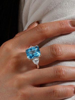 Radiant Cut Blue Topaz Three Stone Ring in Sterling Silver