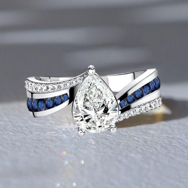 Pear-Shaped Blue Sapphire Bypass Ring - Sterling Silver Engagement Ring