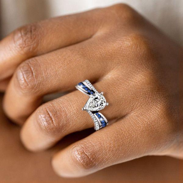 Pear-Shaped Blue Sapphire Bypass Ring - Sterling Silver Engagement Ring