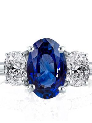 Oval Cut Blue Sapphire Three Stone Engagement Ring in Sterling Silver