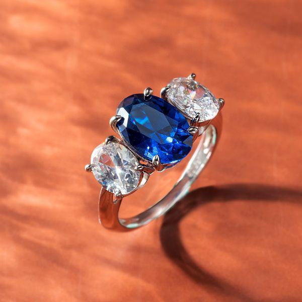 Oval Cut Blue Sapphire Three Stone Engagement Ring in Sterling Silver