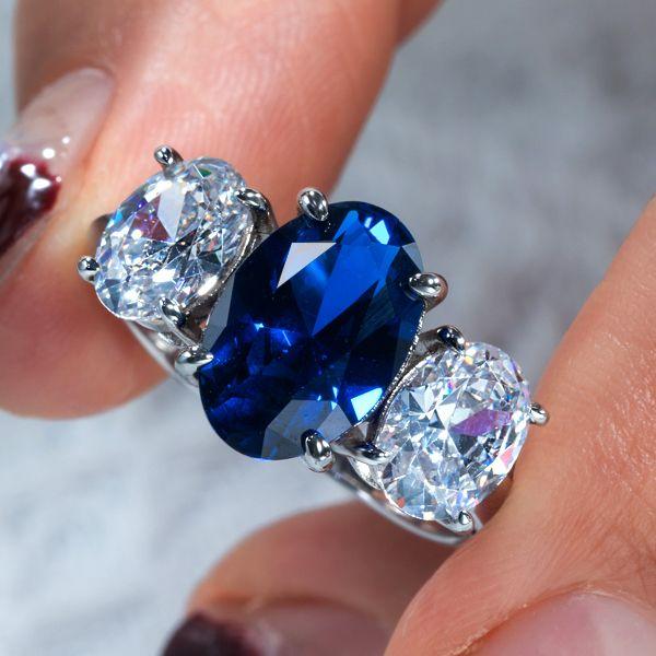 Oval Cut Blue Sapphire Three Stone Engagement Ring in Sterling Silver
