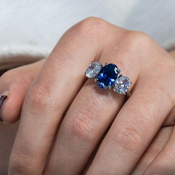Oval Cut Blue Sapphire Three Stone Engagement Ring in Sterling Silver