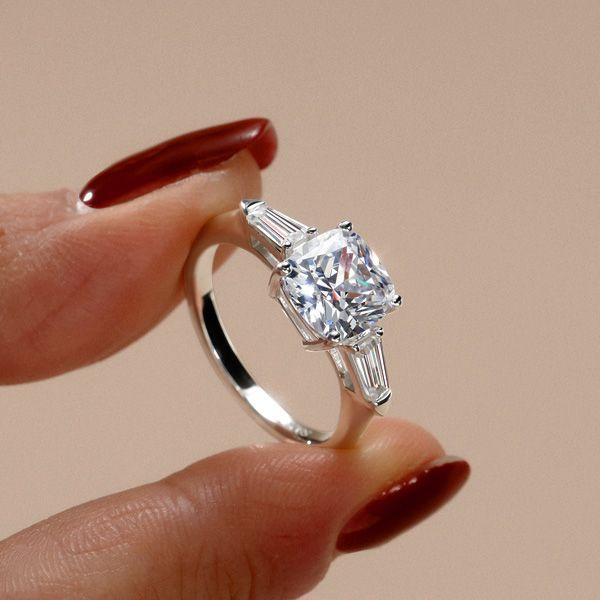 3 Stone White Sapphire Cushion Cut Engagement Ring - Sterling Silver