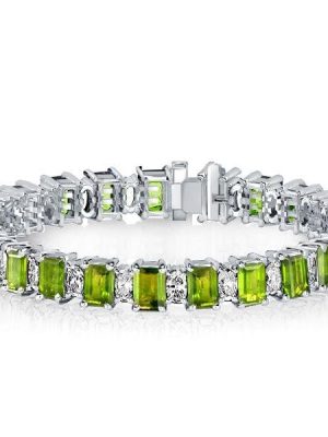 Alternating Peridot and White Emerald Cut Tennis Bracelet in Sterling Silver