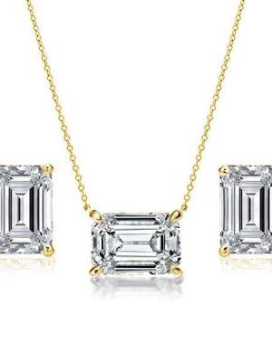 Emerald Cut Pendant Necklace and Stud Earrings Jewelry Set in 18K Gold Plated Sterling Silver