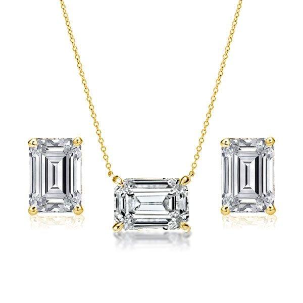 Emerald Cut Pendant Necklace and Stud Earrings Jewelry Set in 18K Gold Plated Sterling Silver