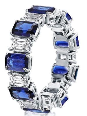 Alternating White & Blue Sapphire Emerald Cut Eternity Wedding Band in Sterling Silver