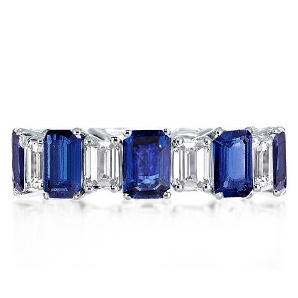 Alternating White & Blue Sapphire Emerald Cut Eternity Wedding Band in Sterling Silver