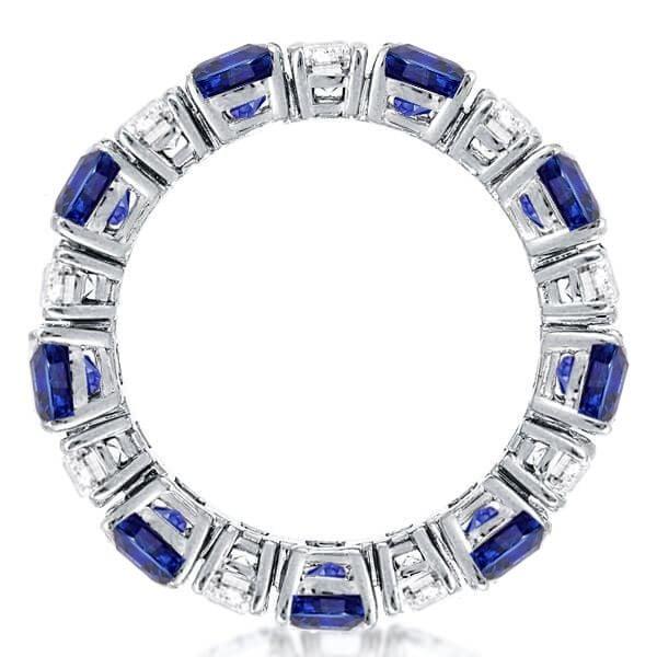 Alternating White & Blue Sapphire Emerald Cut Eternity Wedding Band in Sterling Silver