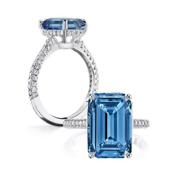 Emerald Cut Aquamarine Engagement Ring in Rhodium Plated Sterling Silver