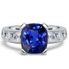 Cushion Cut Blue Sapphire Flush Setting Engagement Ring in Rhodium Plated Sterling Silver
