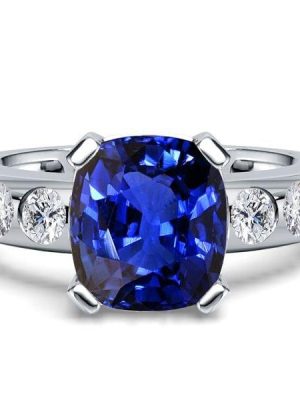 Cushion Cut Blue Sapphire Flush Setting Engagement Ring in Rhodium Plated Sterling Silver