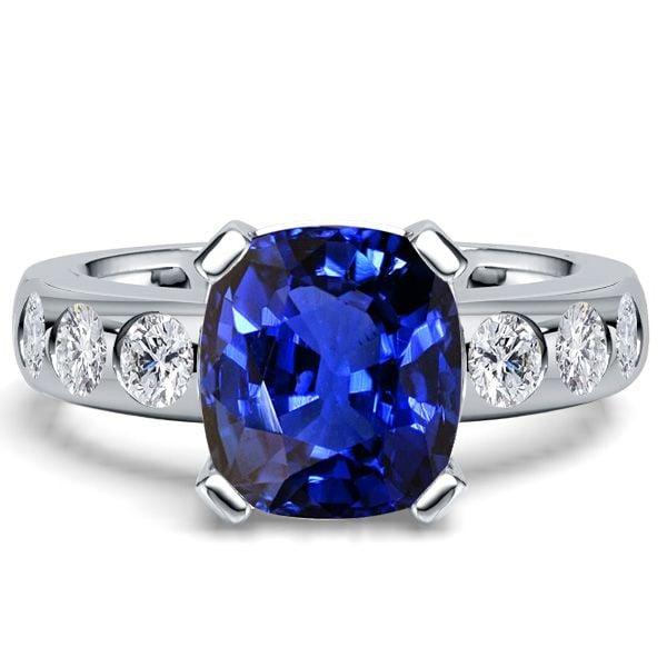 Cushion Cut Blue Sapphire Flush Setting Engagement Ring in Rhodium Plated Sterling Silver