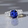 Cushion Cut Blue Sapphire Flush Setting Engagement Ring in Rhodium Plated Sterling Silver