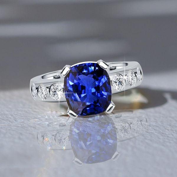 Cushion Cut Blue Sapphire Flush Setting Engagement Ring in Rhodium Plated Sterling Silver