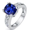 Cushion Cut Blue Sapphire Flush Setting Engagement Ring in Rhodium Plated Sterling Silver