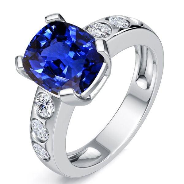 Cushion Cut Blue Sapphire Flush Setting Engagement Ring in Rhodium Plated Sterling Silver