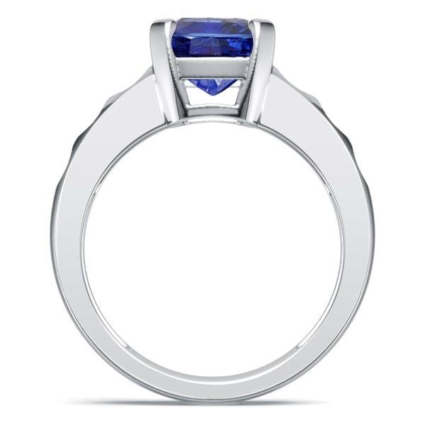 Cushion Cut Blue Sapphire Flush Setting Engagement Ring in Rhodium Plated Sterling Silver