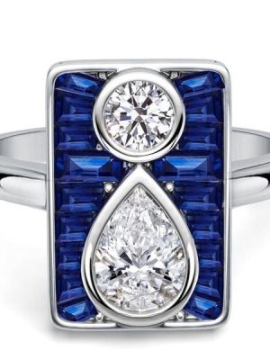 Unique Pear and Round White Blue Sapphire Engagement Ring in Rhodium-Plated Sterling Silver