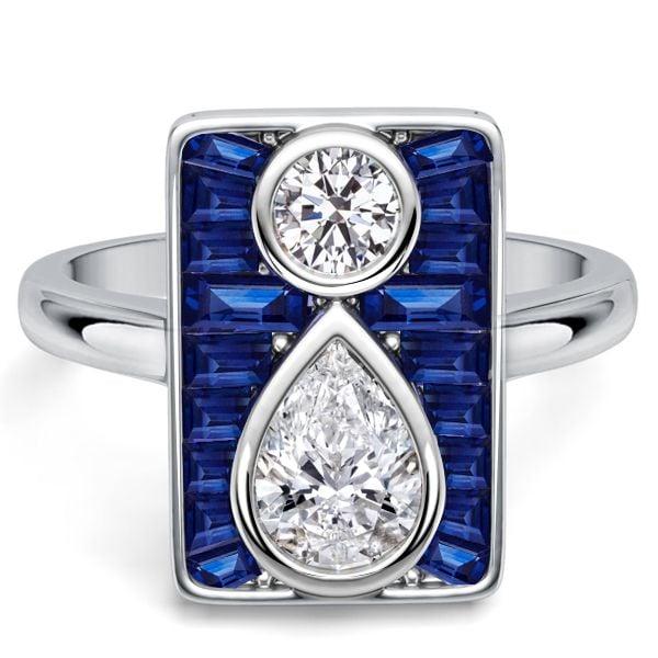 Unique Pear and Round White Blue Sapphire Engagement Ring in Rhodium-Plated Sterling Silver