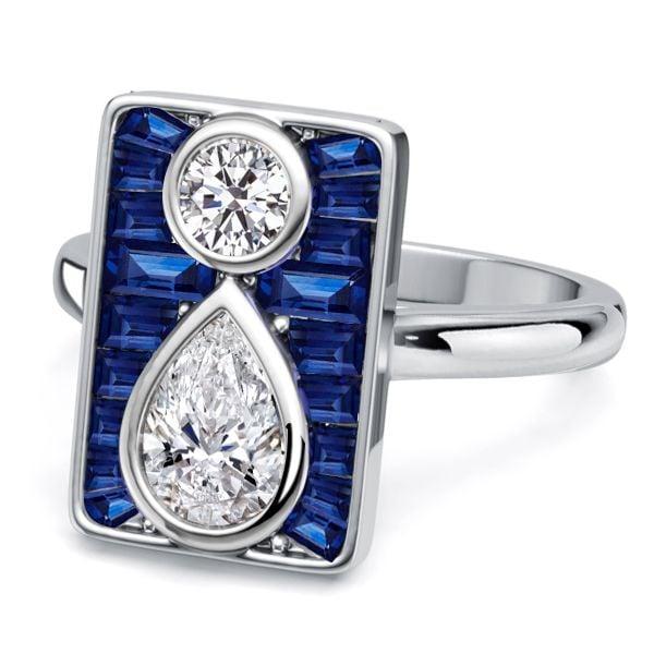 Unique Pear and Round White Blue Sapphire Engagement Ring in Rhodium-Plated Sterling Silver