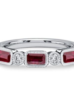 Milgrain Bezel Half Eternity Ruby Wedding Band Ring in Sterling Silver