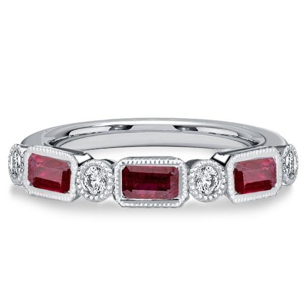 Milgrain Bezel Half Eternity Ruby Wedding Band Ring in Sterling Silver