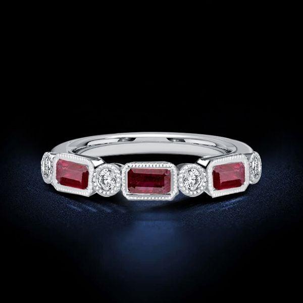 Milgrain Bezel Half Eternity Ruby Wedding Band Ring in Sterling Silver