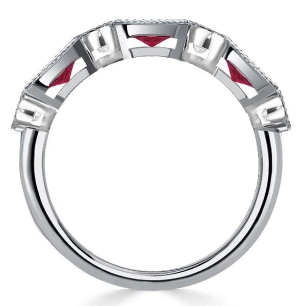 Milgrain Bezel Half Eternity Ruby Wedding Band Ring in Sterling Silver