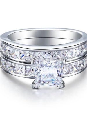 Sterling Silver Princess Cut Wedding Ring Set - 1.5 CT Center Stone