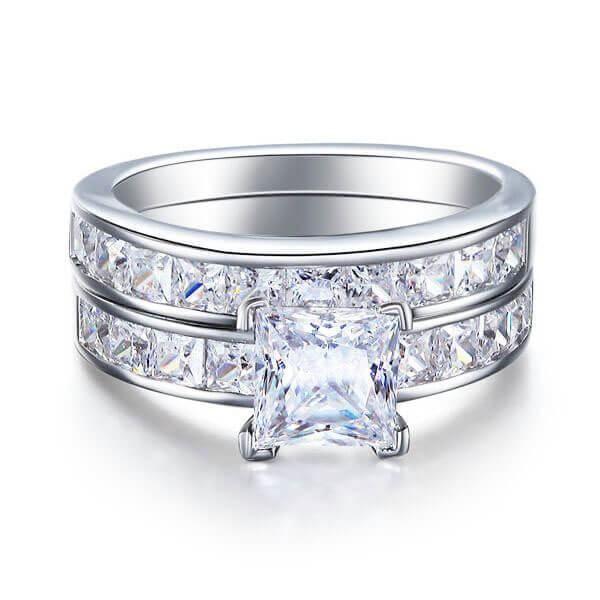 Sterling Silver Princess Cut Wedding Ring Set - 1.5 CT Center Stone