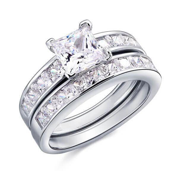 Sterling Silver Princess Cut Wedding Ring Set - 1.5 CT Center Stone