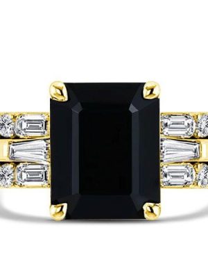 Emerald Cut Black Onyx Wedding Ring Set for Women in Sterling Silver
